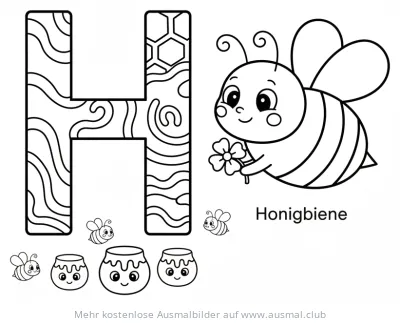 Buchstabe H mit Honigbiene Ausmalbild