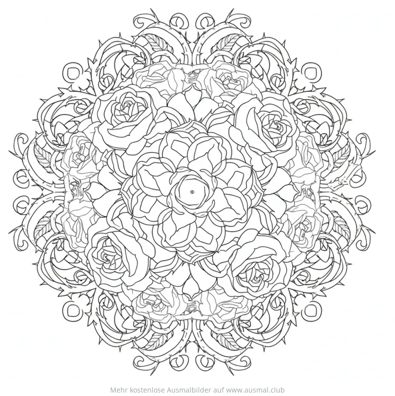 Rosen Mandala Ausmalbild mit Dornenranken