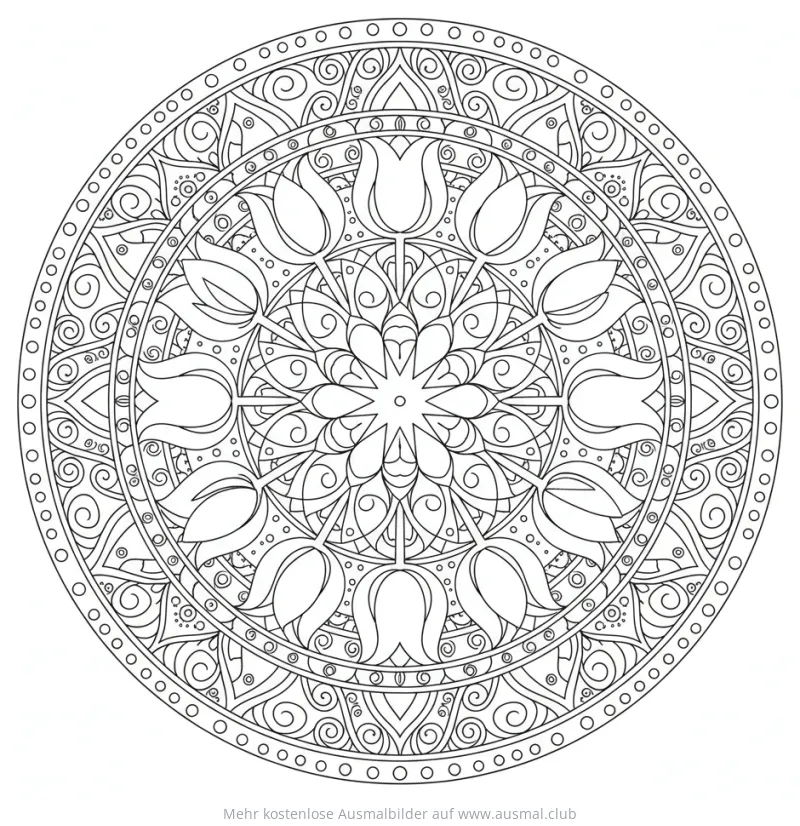 Tulpen Mandala Ausmalbild mit floralen Elementen