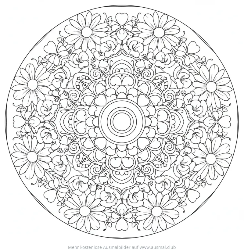 Wildblumen Mandala Ausmalbild mit Margeriten und kleinen Blüten
