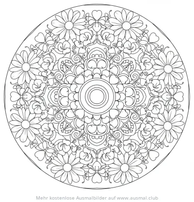 Wildblumen Mandala Ausmalbild mit Margeriten und kleinen Blüten