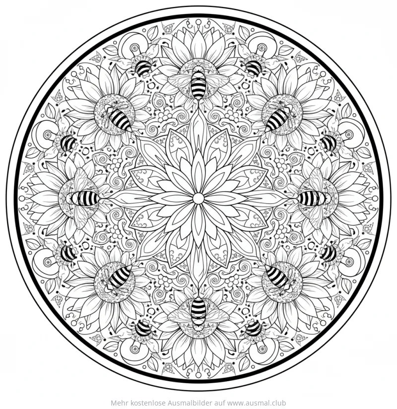 Sonnenblumen und Bienen Mandala Ausmalbild