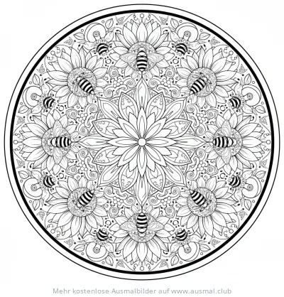 Sonnenblumen und Bienen Mandala Ausmalbild