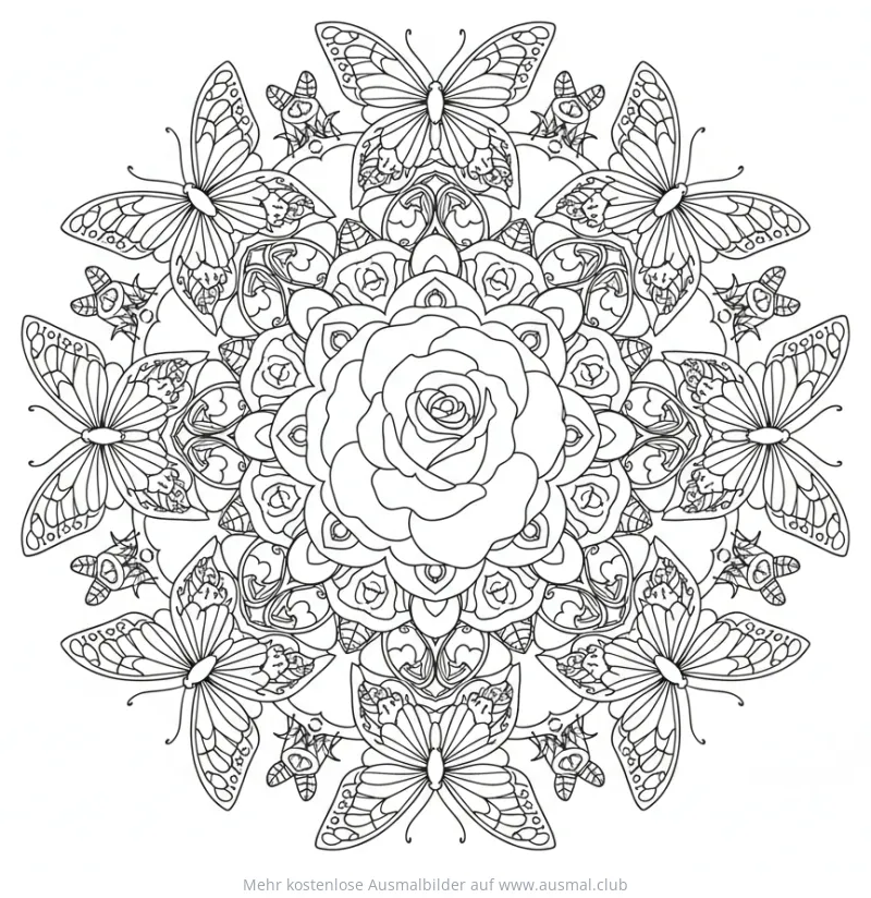 Rose mit Schmetterlingen Mandala Ausmalbild