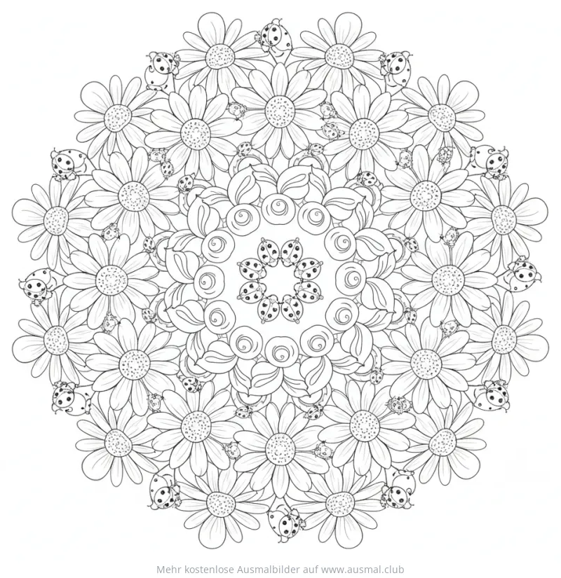 Gänseblümchen Mandala Ausmalbild mit Marienkäfern