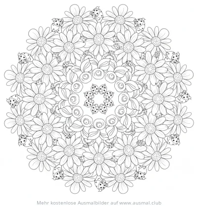 Gänseblümchen Mandala Ausmalbild mit Marienkäfern