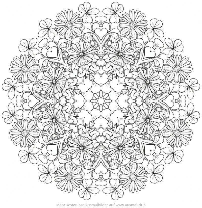 Wildblumen Mandala Ausmalbild mit Kleeblättern