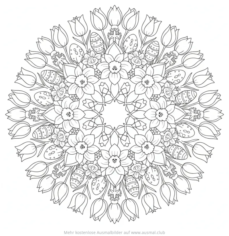 Frühlingsblumen Mandala mit Tulpen, Narzissen und Ostereiern Ausmalbild