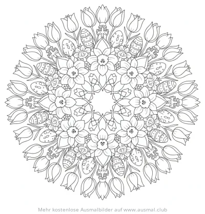 Frühlingsblumen Mandala mit Tulpen, Narzissen und Ostereiern Ausmalbild