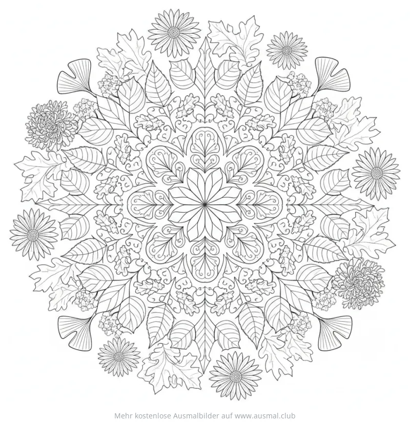 Herbst Blumen Mandala Ausmalbild mit Blättern und Blüten