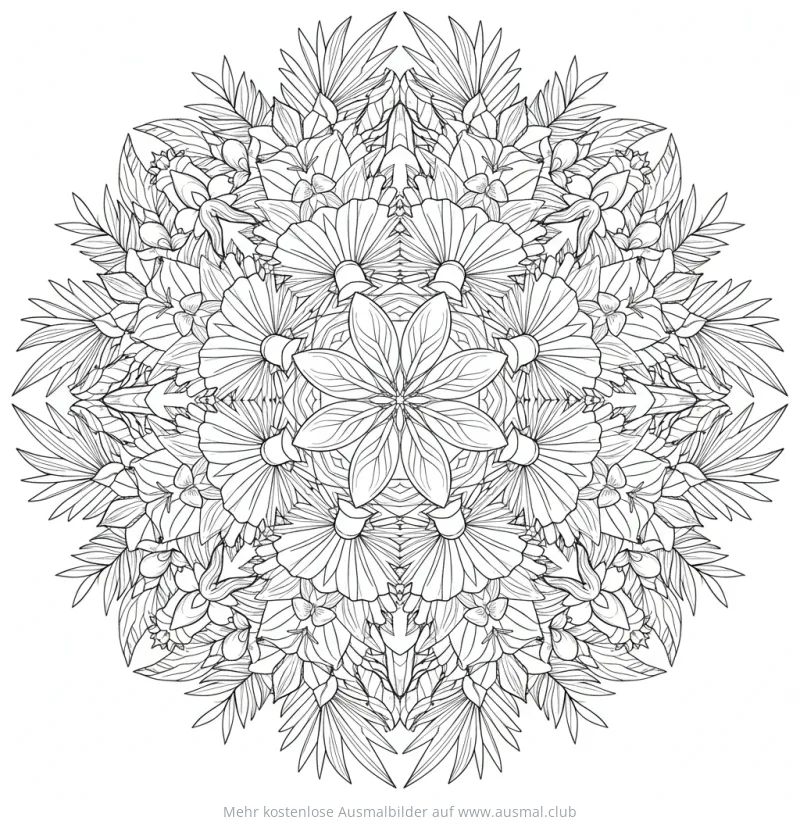 Tropenblätter und Blüten Mandala Ausmalbild