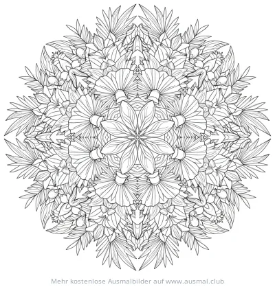 Tropenblätter und Blüten Mandala Ausmalbild