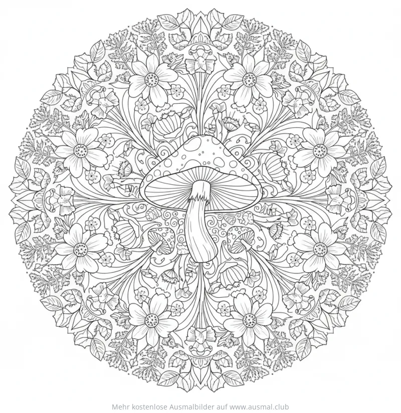 Pilz Mandala Ausmalbild mit Blumen und Pilzen