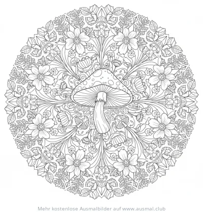Pilz Mandala Ausmalbild mit Blumen und Pilzen