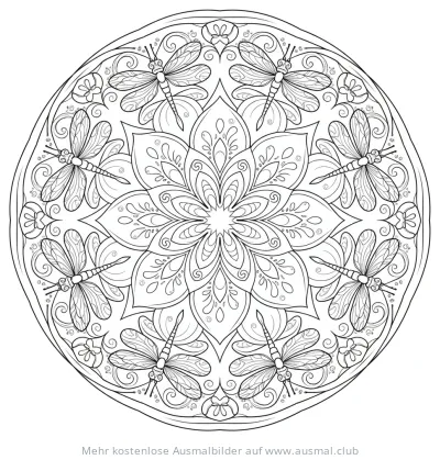 Libellen Mandala Ausmalbild mit floralen Elementen