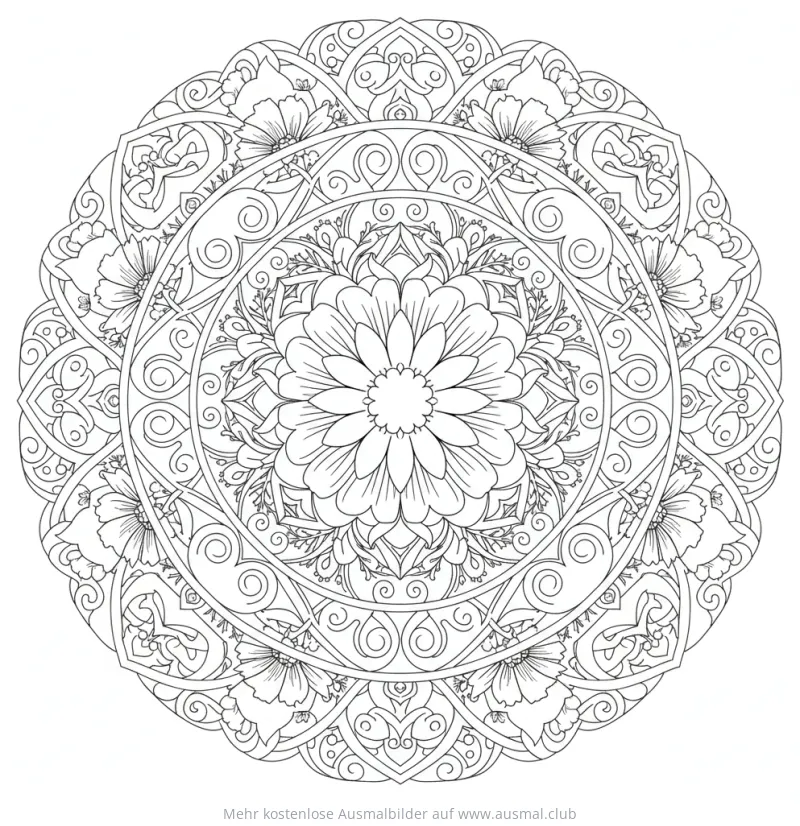 Cosmea Mandala Ausmalbild mit filigranem Blumenmuster