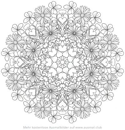 Wildblumen Mandala Ausmalbild mit Gänseblümchen und Klee