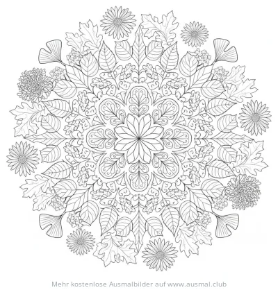Herbstliches Blumen Mandala Ausmalbild mit Blättern und Blüten