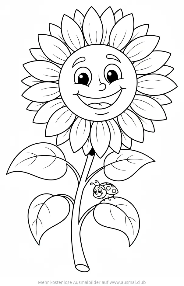 Sonnenblume mit Gesicht und Marienkäfer Ausmalbild