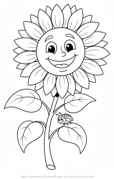 Sonnenblume mit Gesicht und Marienkäfer Ausmalbild
