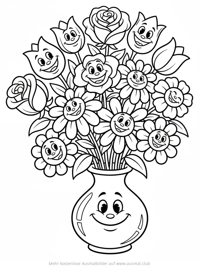 Blumenstrauß mit freundlichen Gesichtern in einer Vase Ausmalbild