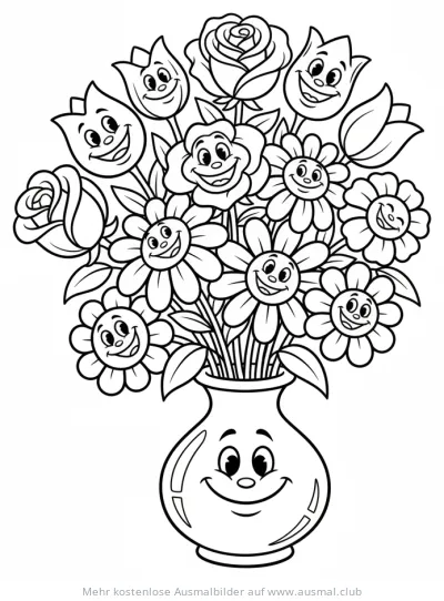 Blumenstrauß mit freundlichen Gesichtern in einer Vase Ausmalbild