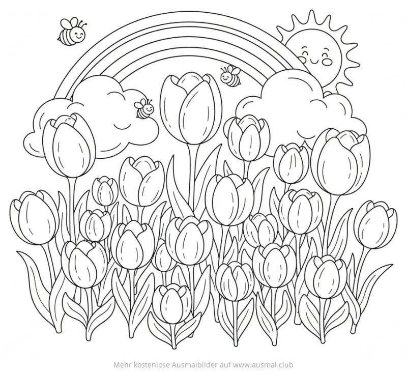 Tulpenfeld Ausmalbild mit Regenbogen und Bienen