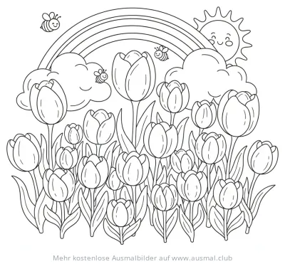 Tulpenfeld Ausmalbild mit Regenbogen und Bienen
