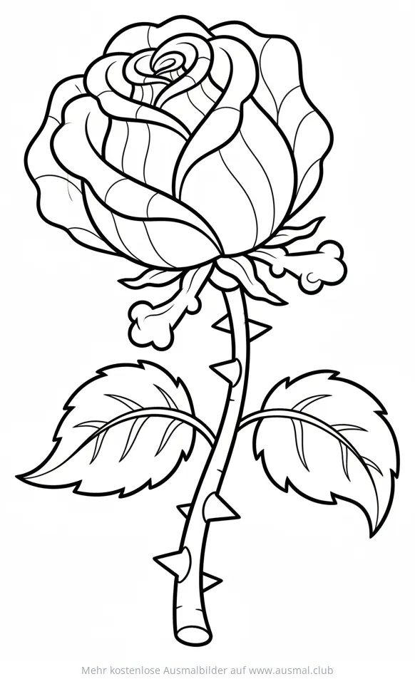 Rose Ausmalbild mit Blättern und Stiel