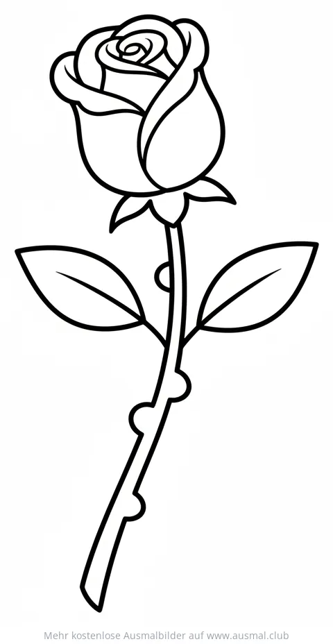 Rose Ausmalbild mit Stiel und Blättern