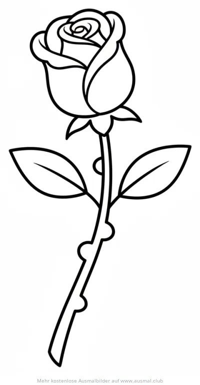 Rose Ausmalbild mit Stiel und Blättern