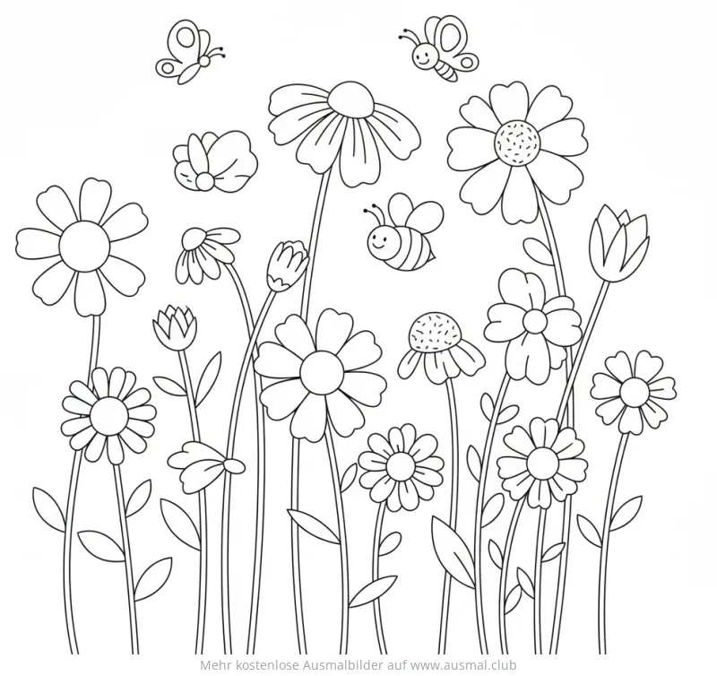 Blumenwiese Ausmalbild mit Blumen, Biene und Schmetterlingen
