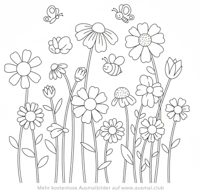 Blumenwiese Ausmalbild mit Blumen, Biene und Schmetterlingen