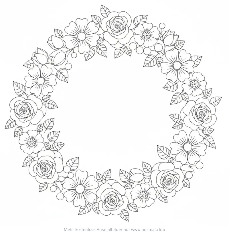 Blumenkranz Ausmalbild mit Rosen und Blättern
