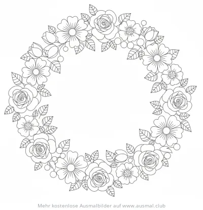Blumenkranz Ausmalbild mit Rosen und Blättern