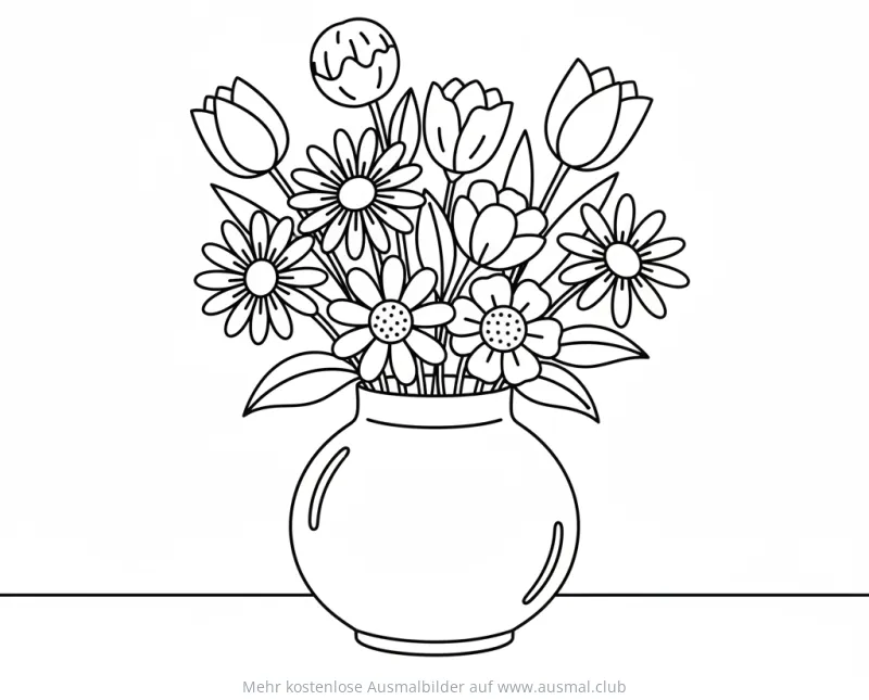 Blumenvase Ausmalbild mit Tulpen und Margeriten