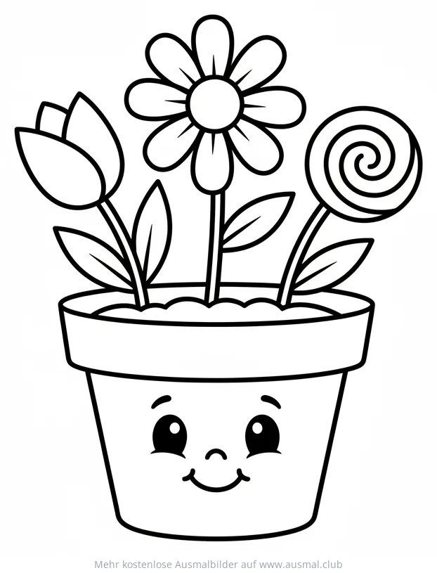 Blumentopf mit Gesicht und Blumen Ausmalbild