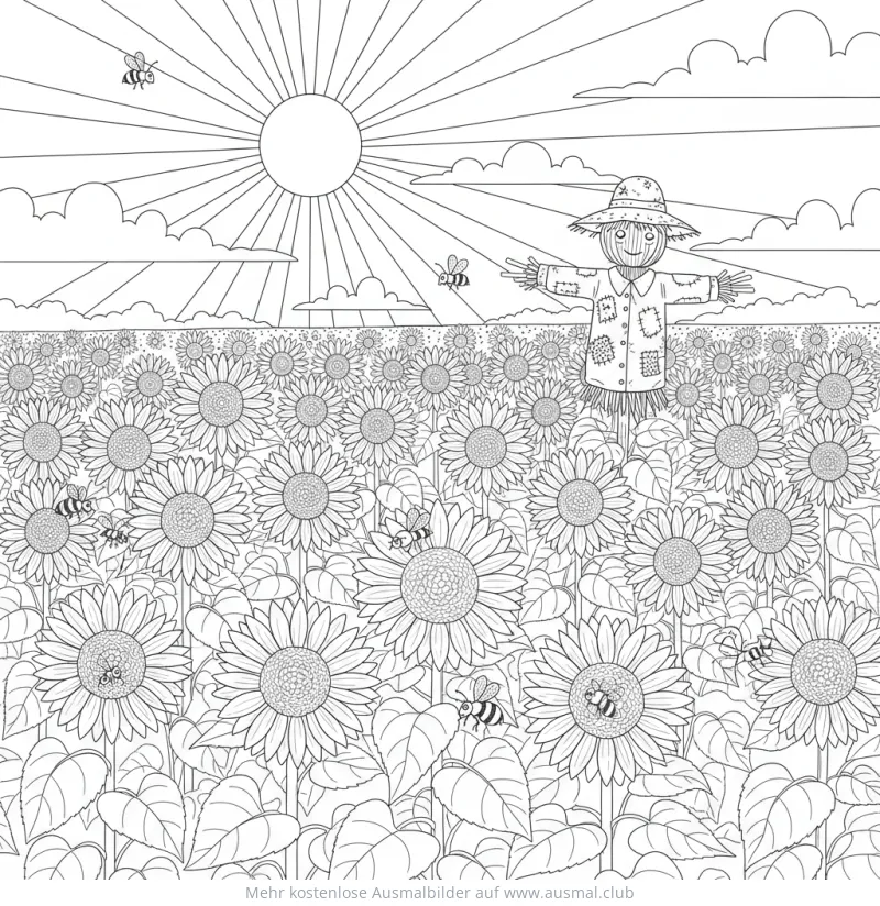 Sonnenblumenfeld mit Vogelscheuche und Bienen Ausmalbild