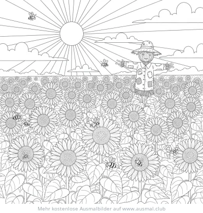 Sonnenblumenfeld mit Vogelscheuche und Bienen Ausmalbild