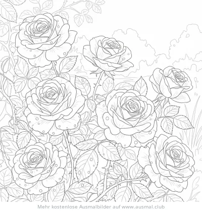 Rosen Ausmalbild mit Blüten, Blättern und Stielen