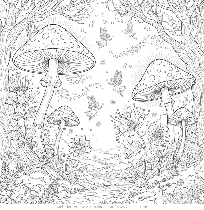Zauberwald mit Pilzen, Blumen und Feen Ausmalbild