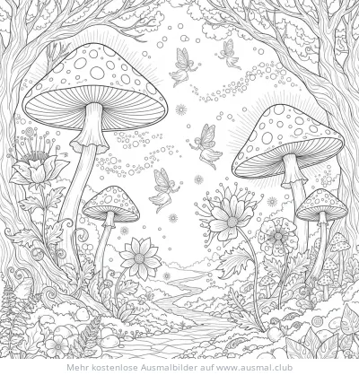 Zauberwald mit Pilzen, Blumen und Feen Ausmalbild