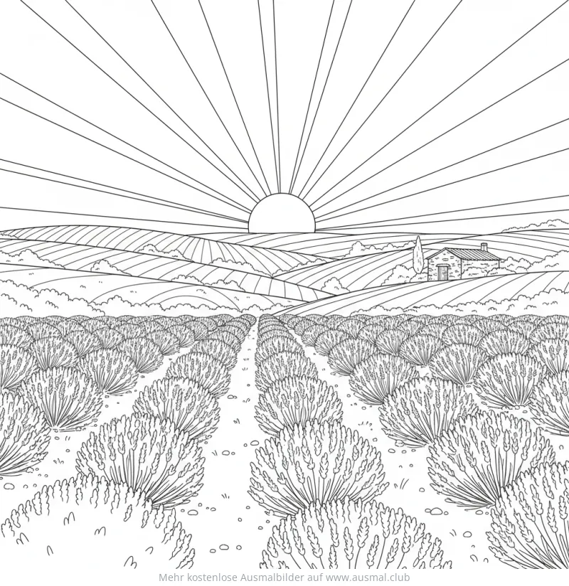 Lavendel-Garten mit Haus im Hintergrund Ausmalbild