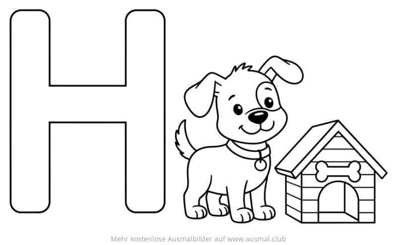 Hund Ausmalbild mit Buchstabe H und Hundehütte