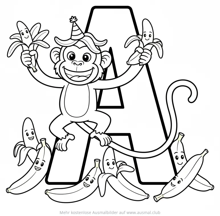 Affe mit Partyhut auf dem Buchstaben A, umgeben von Bananen Ausmalbild