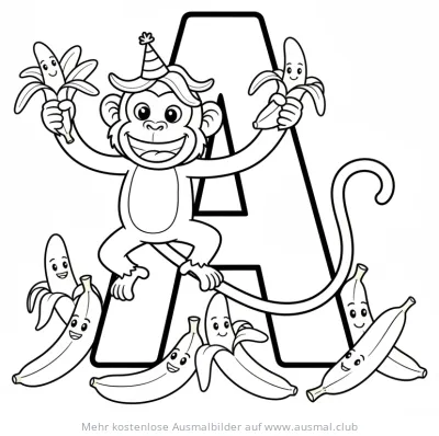 Affe mit Partyhut auf dem Buchstaben A, umgeben von Bananen Ausmalbild