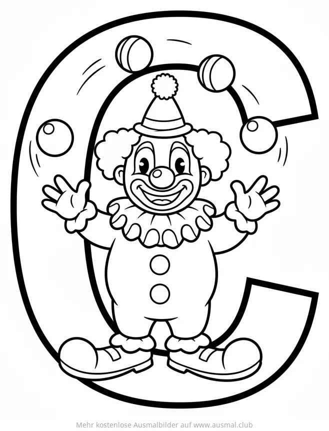 Clown jongliert mit Bällen im Buchstaben C Ausmalbild