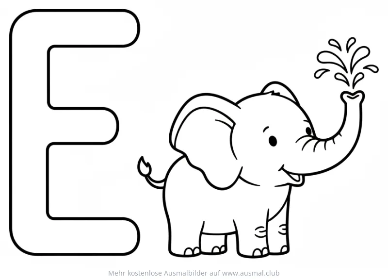 Elefant mit Buchstaben E Ausmalbild