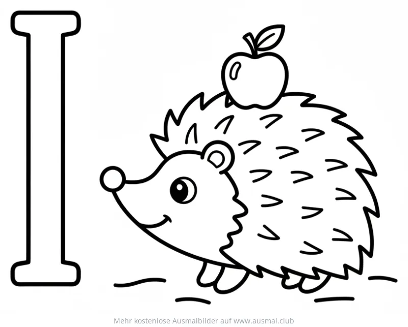 Igel mit Apfel und Buchstabe I Ausmalbild