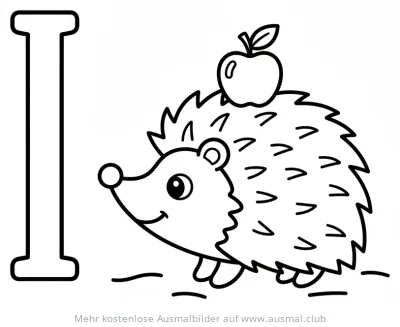 Igel mit Apfel und Buchstabe I Ausmalbild